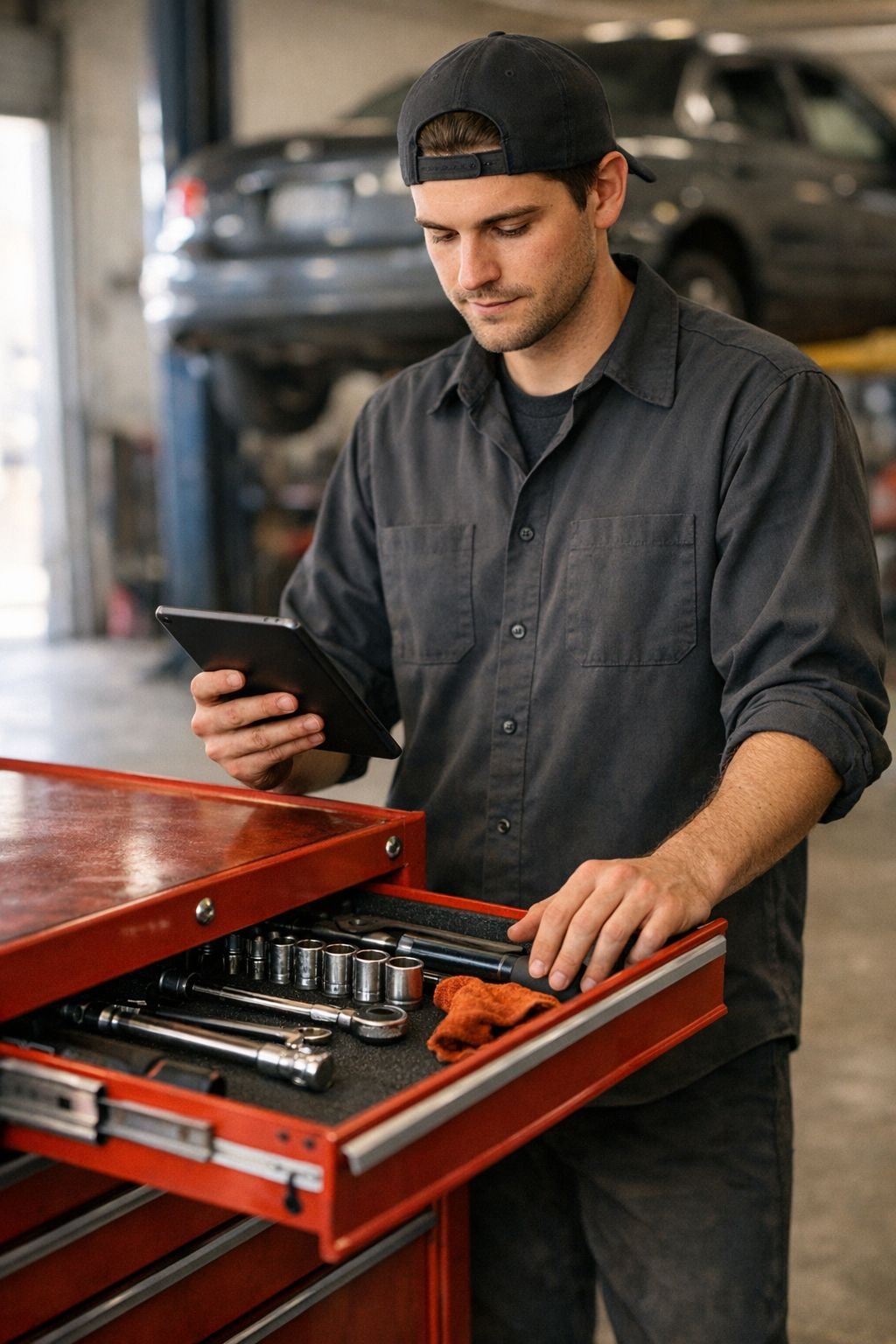 A technician studying for an ASE certification test on a tablet in a repair shop