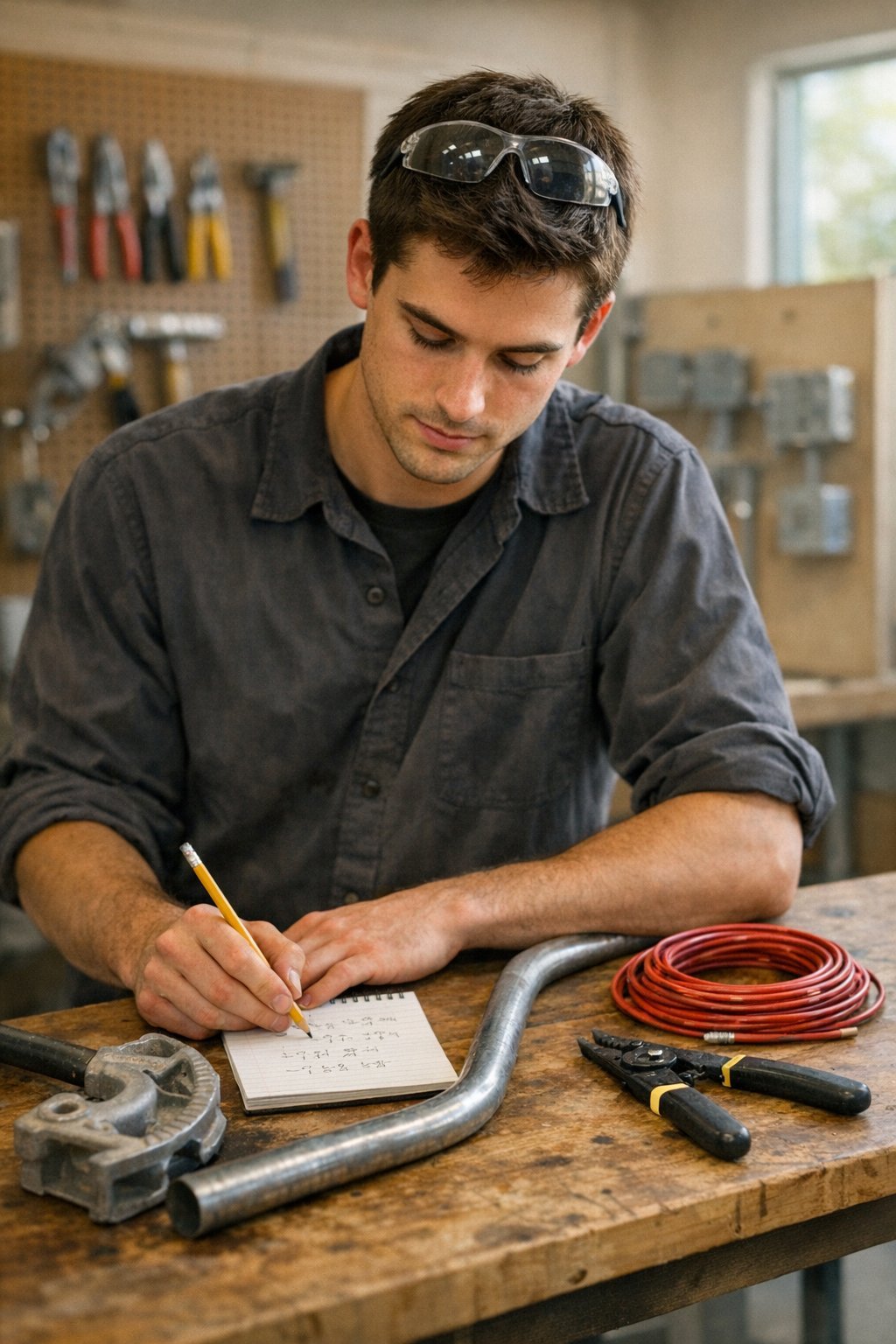 An apprentice electrician studying for the IBEW aptitude test